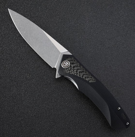 Petrified Fish Pub Folding Knife, D2 SW Blade, G10 Black/CF Inlay, 838CW